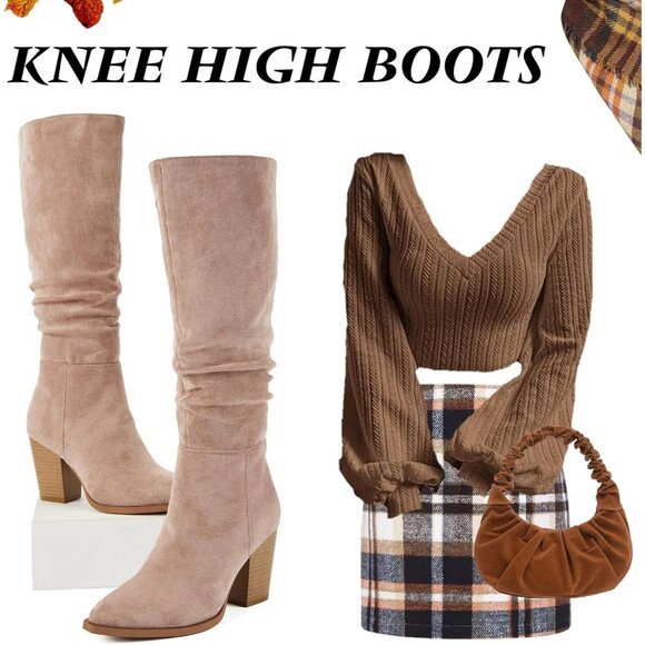 Women's Pointed Toe Knee High Faux Suede Slouch Taupe High Boots Chunky Heels - Picture 8 of 8